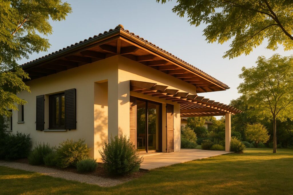 Maison contemporaine en été avec protections solaires extérieures (pergola, volets) pour améliorer le confort d’été RE2020.