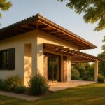Maison contemporaine en été avec protections solaires extérieures (pergola, volets) pour améliorer le confort d’été RE2020.